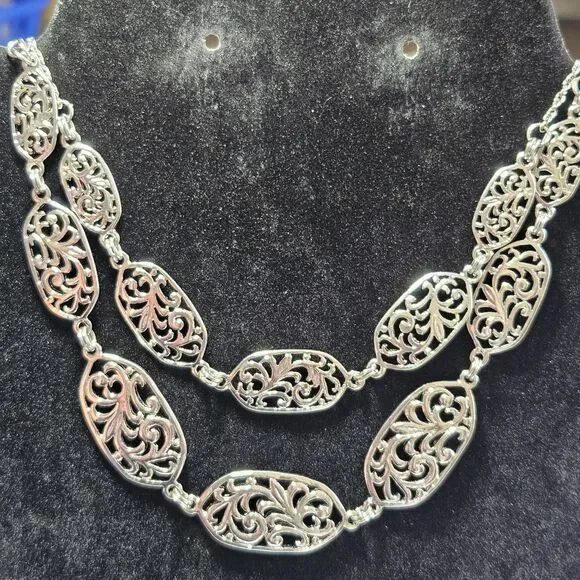 Silver Tone Layered Filigree Chain Necklace 20-23" - Picture 4 of 14
